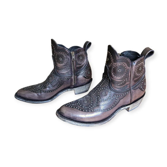 Old Gringo Brown Distressed Leather Studded Floral Ankle Boots - Picture 1 of 10